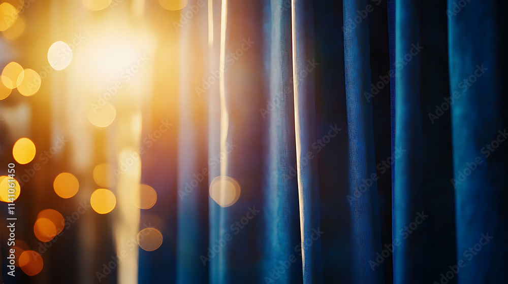 Poster a blurred background of blue curtains with golden bokeh lights, creating an elegant and magical atmo