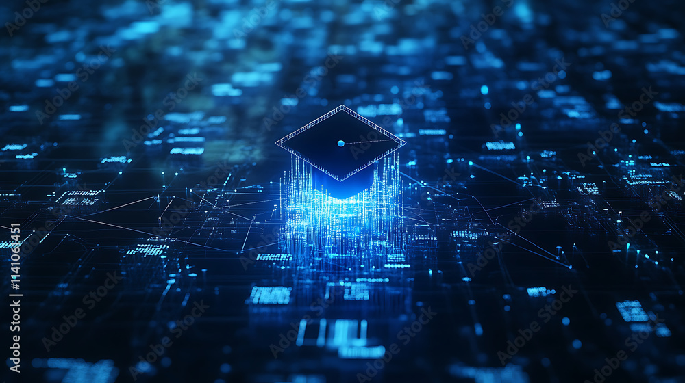 Poster A blue digital mesh representing the network of interconnected nodes, with an illuminated graduation cap floating above it