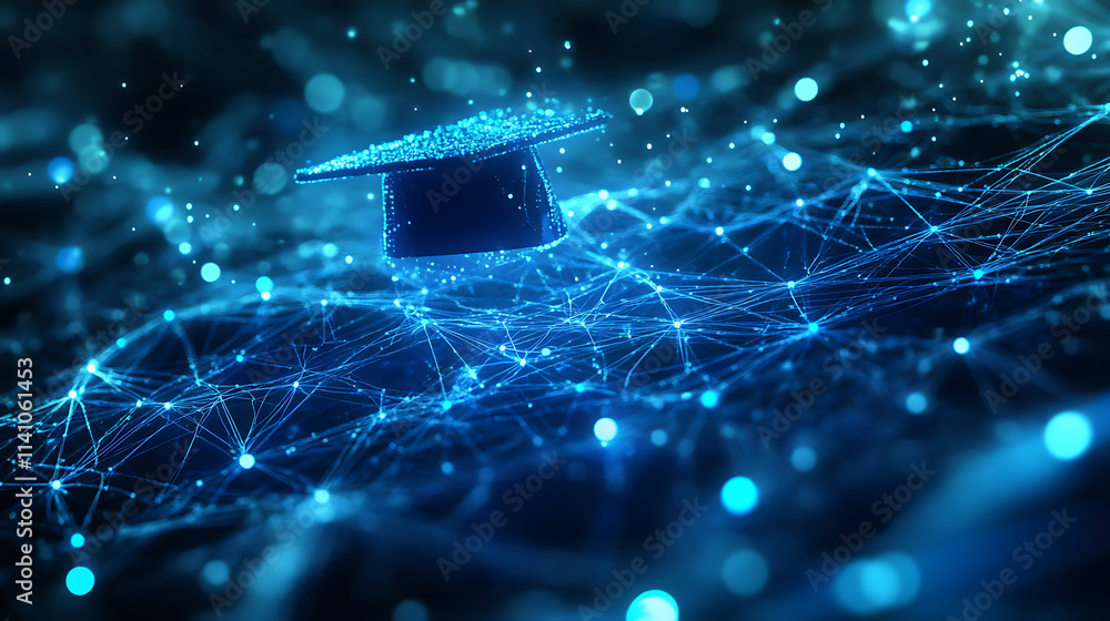 Leinwandbilder a blue digital mesh representing the network of interconnected nodes, with an illuminated graduation