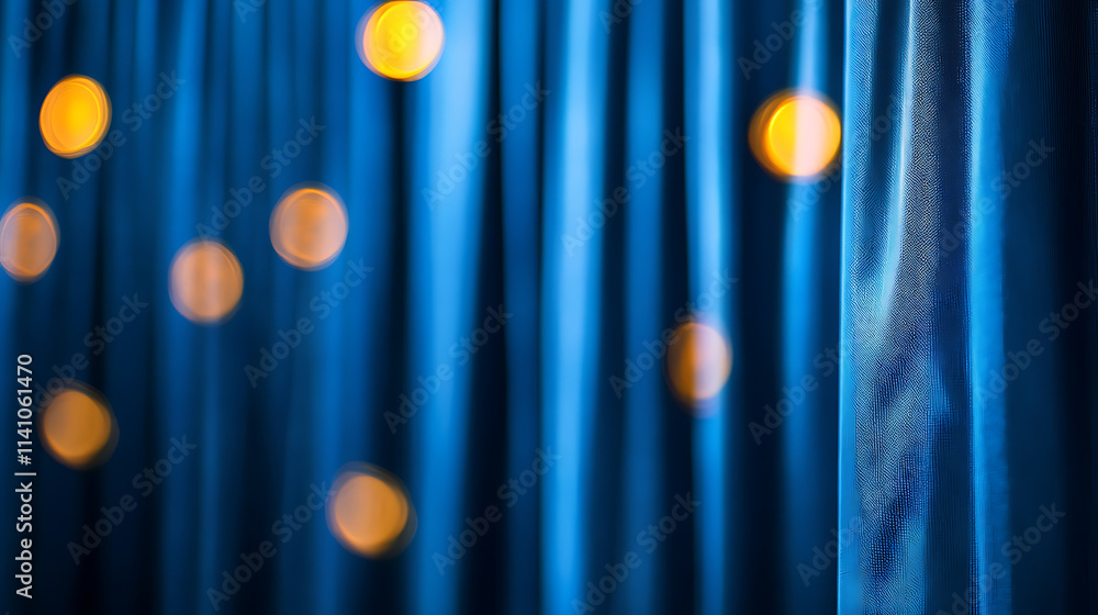 Poster a blurred background of blue curtains with golden bokeh lights, creating an elegant and magical atmo