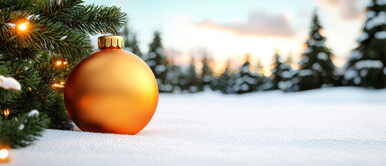 golden s ornament rests on snow, surrounded by evergreen trees, creating serene winter scene