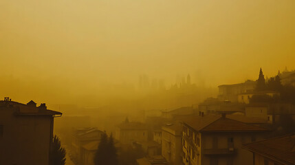 A cityscape shrouded in a yellowish-brown haze of air pollution, highlighting the health risks associated with poor air quality, air pollution bad ecology