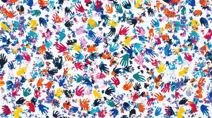 A vibrant pattern of colorful handprints on a white background.