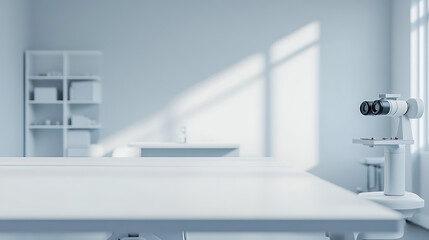 A close up of a empty table with white ophthalmological clinic room background