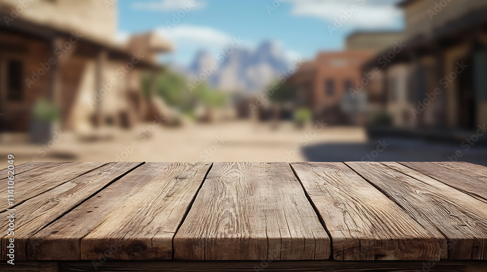 Poster A close up of a rustic empty wooden table with blurred barbershop background