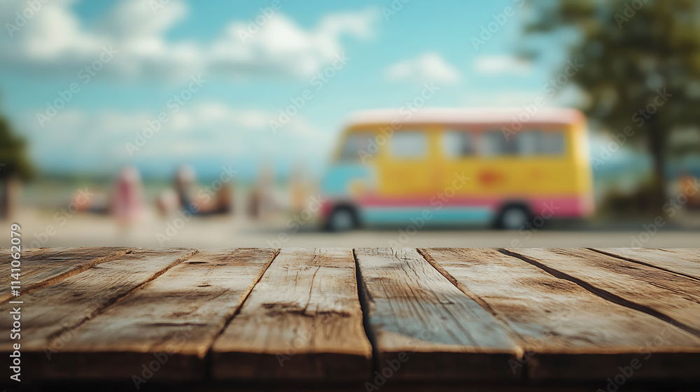 Poster a close up of a rustic empty wooden table with blurred barbershop background