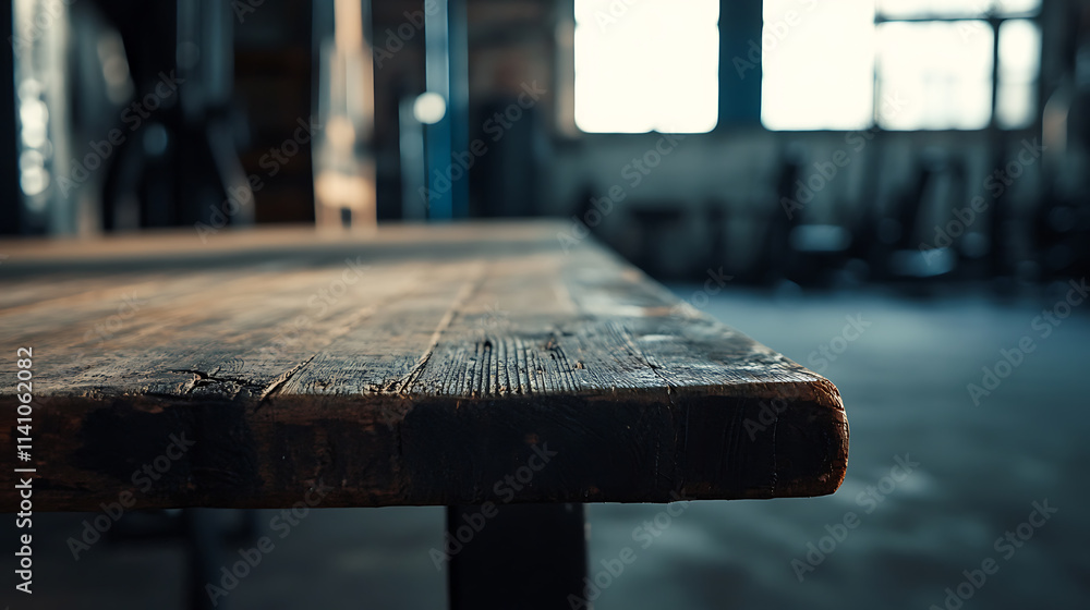 Poster a close up of a rustic empty wooden table with blurred barbershop background