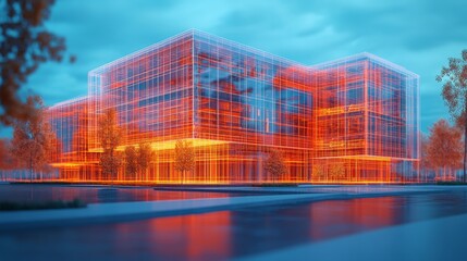 Large commercial building with thermal imaging effects during twilight in an urban area