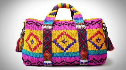A colorful woven bag with intricate patterns and tassels, ideal for travel or leisure.