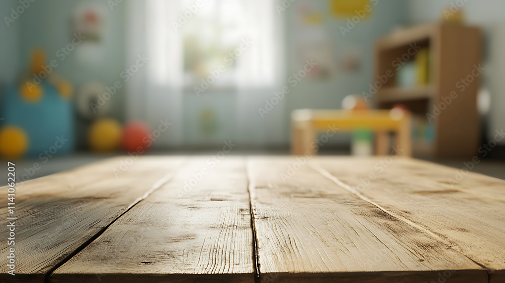Poster A close up of a rustic empty wooden table with blurred barbershop background