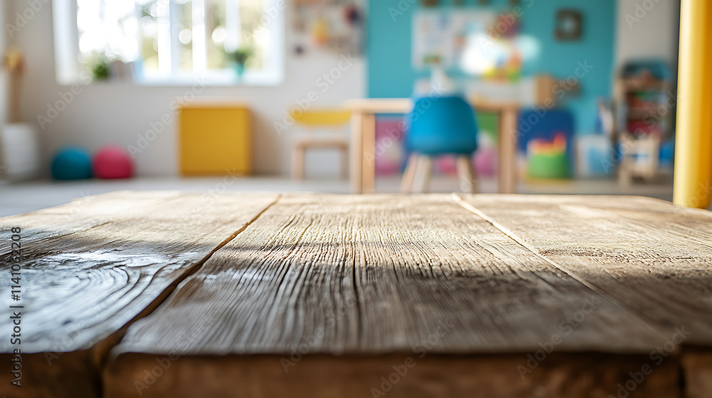 Poster a close up of a rustic empty wooden table with blurred barbershop background