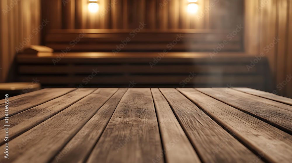 Poster A close up of a rustic empty wooden table with blurred barbershop background