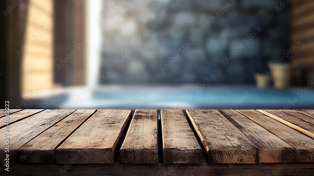 Aufkleber A close up of a rustic empty wooden table with blurred barbershop background