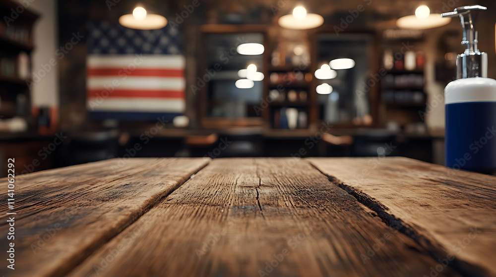 Poster A close up of a rustic empty wooden table with blurred barbershop background