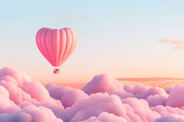 Fototapeta premium Pink heart shaped hot air balloon soaring above clouds