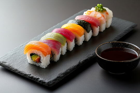 Colorful sushi rolls with various fish toppings, served on slate plate with soy sauce