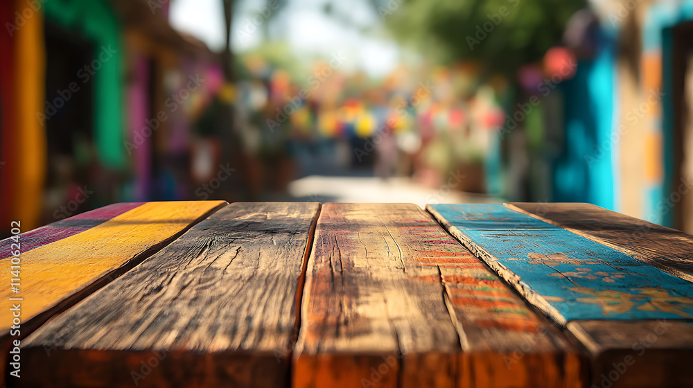 Poster A close up of a rustic empty wooden table with blurred barbershop background