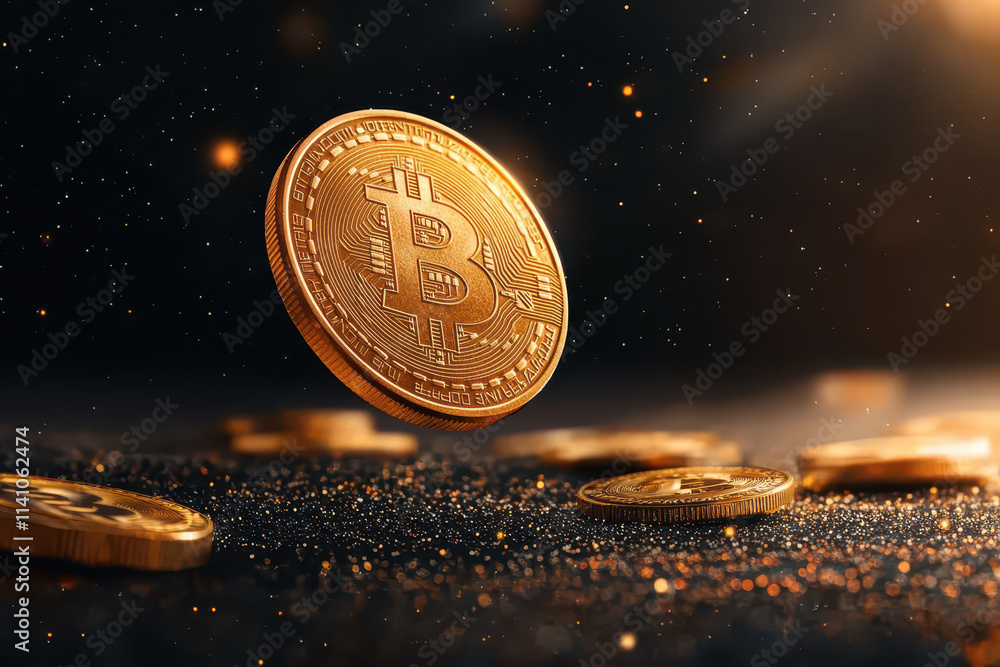 Poster floating bitcoin coin surrounded by shimmering particles in space