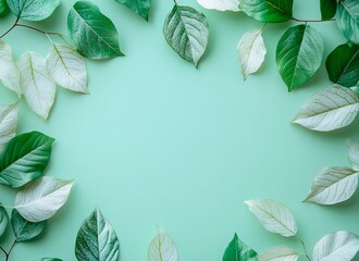 Leaves on Light Green Background boarder frame with white copy space background