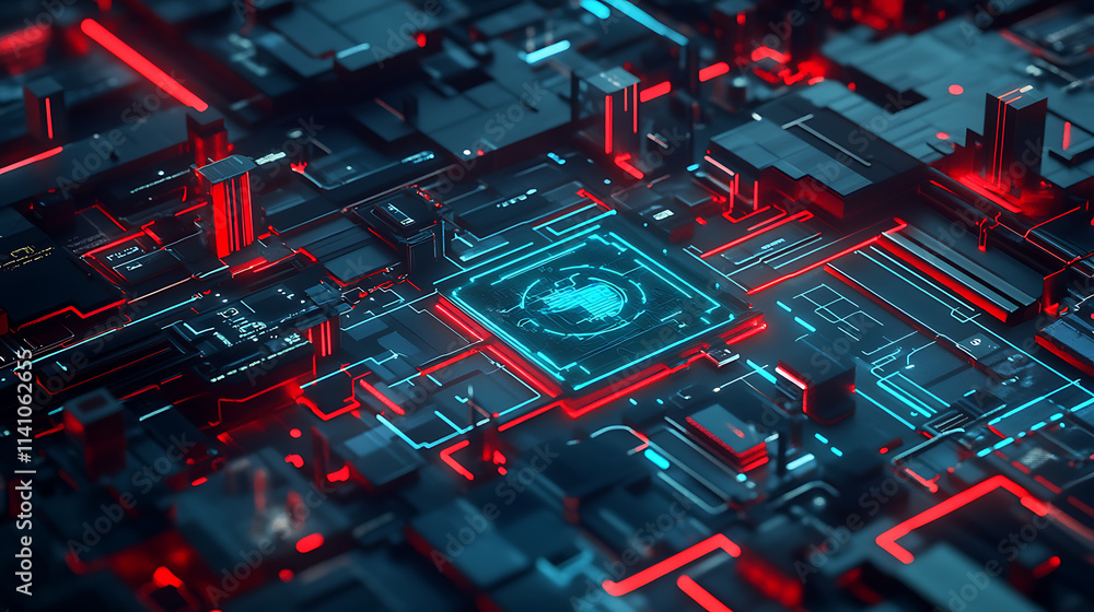Poster a complex digital maze representing the challenges and obstacles in the digital world, symbolizing c