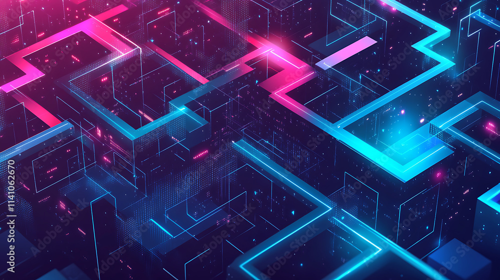 Poster A complex digital maze representing the challenges and obstacles in the digital world, symbolizing cybersecurity, data protection, and online navigation