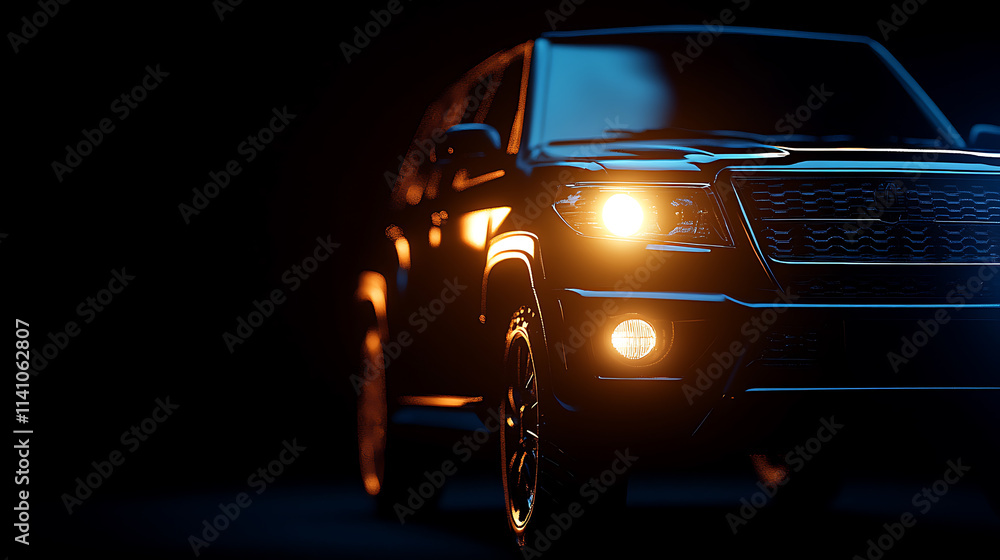 Poster a dark blue suv vehicle with headlights on is illuminated against the background of darkness capture