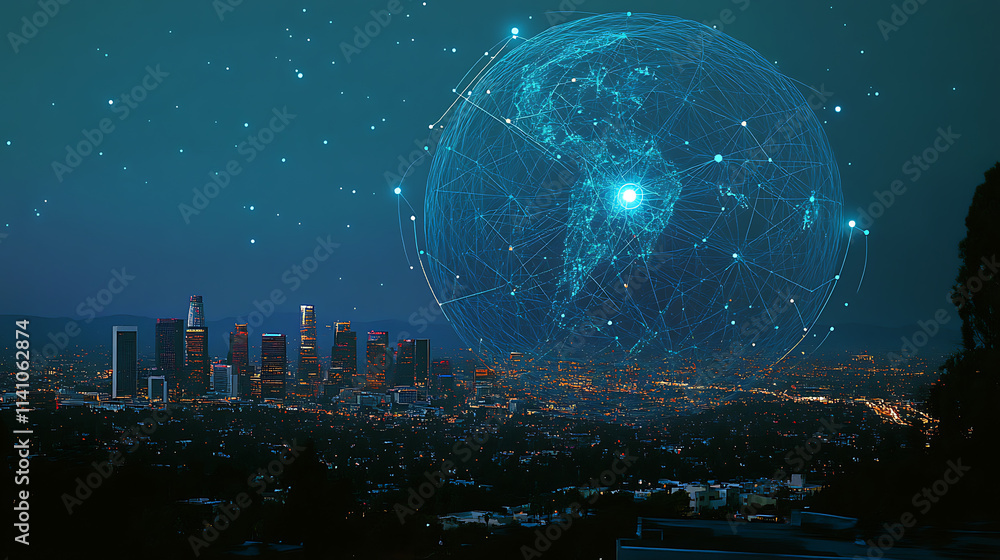 Fototapete a digital globe with connecting dots and lines representing global connectivity, against the backdro