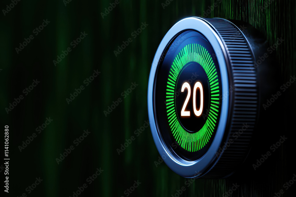 Poster digital thermostat displaying temperature setting with glowing green accents, creating modern and sl