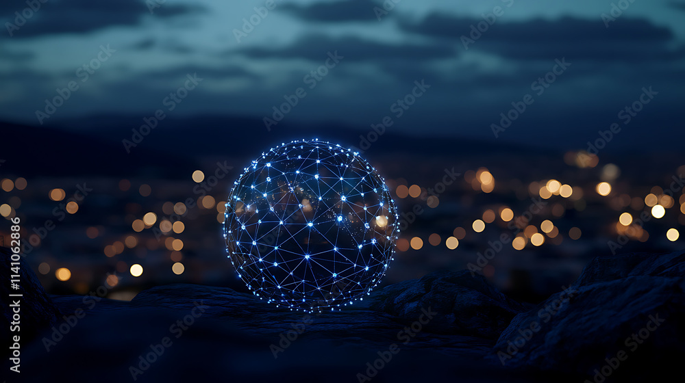 Poster a digital globe with connecting dots and lines representing global connectivity, against the backdro