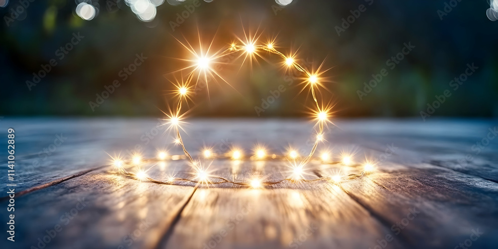 Aufkleber glowing string lights arranged in a circle on a rustic wooden surface with a blurred background.