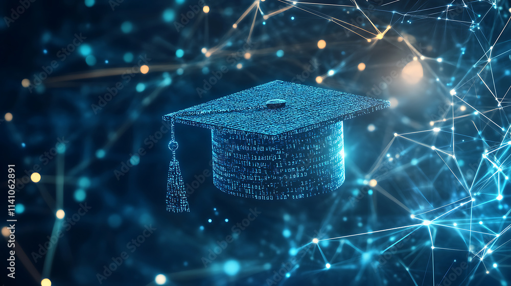Poster A blue digital mesh representing the network of interconnected nodes, with an illuminated graduation cap floating above it