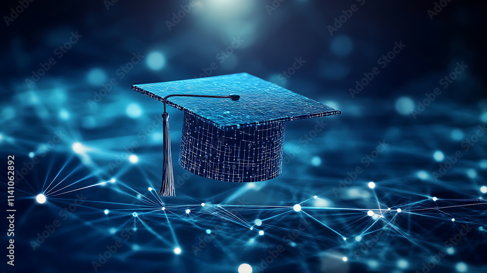 Aufkleber A blue digital mesh representing the network of interconnected nodes, with an illuminated graduation cap floating above it