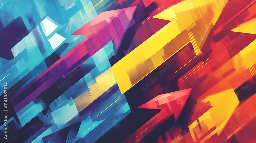 Poster A dynamic and colorful illustration of multiple arrows pointing in various directions, symbolizing strategic choices, decision-making processes, and diverse options in a conceptual and stylized manner