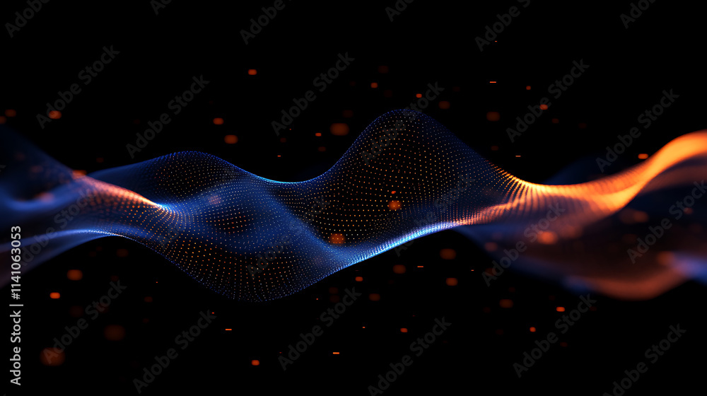 Poster a dynamic wave of blue and orange particles, digital bokeh style, on a dark background, concept of f