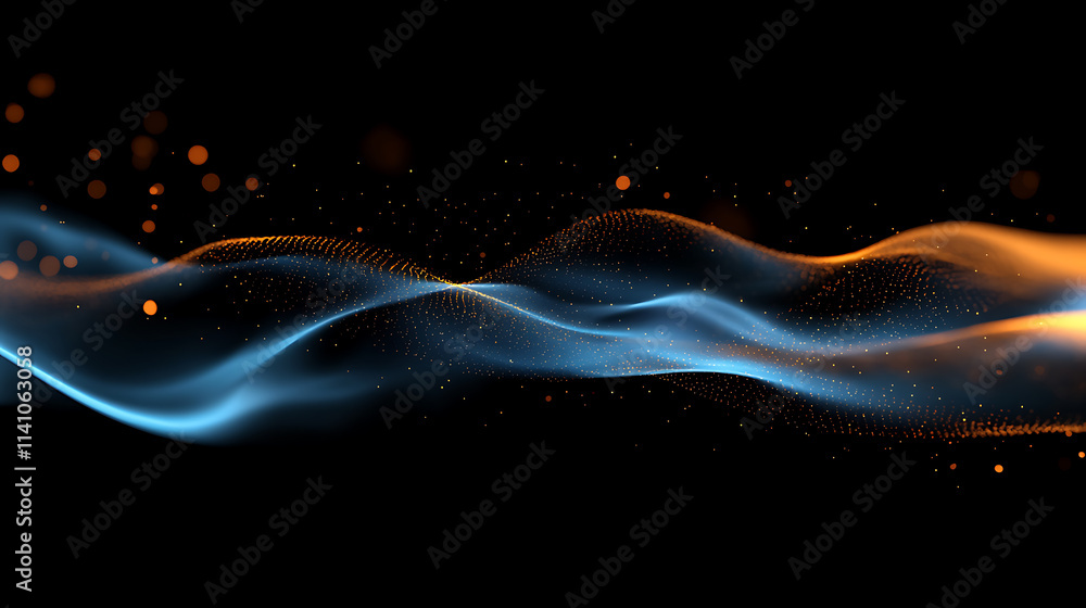 Poster a dynamic wave of blue and orange particles, digital bokeh style, on a dark background, concept of f