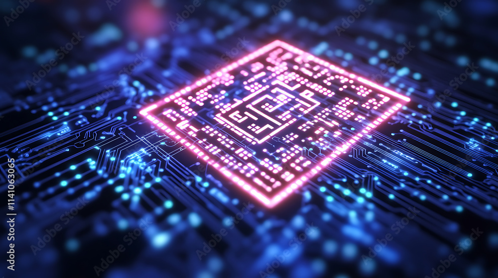 Aufkleber A dynamic digital representation of qr codes with glowing data streams on a circuit board, illustrating high-tech information transfer