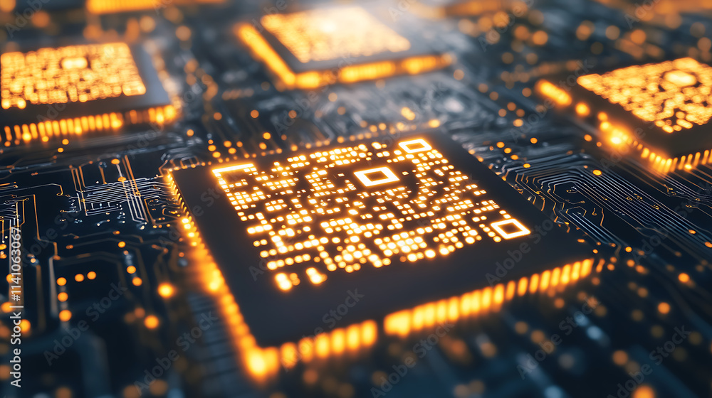 Poster A dynamic digital representation of qr codes with glowing data streams on a circuit board, illustrating high-tech information transfer