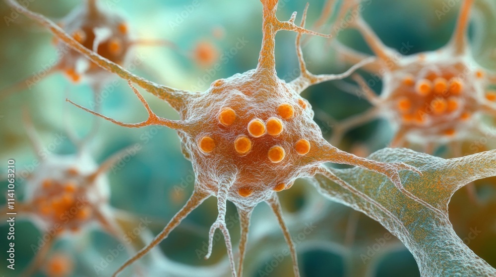 Poster microscopic view of neuron cells with synaptic connections