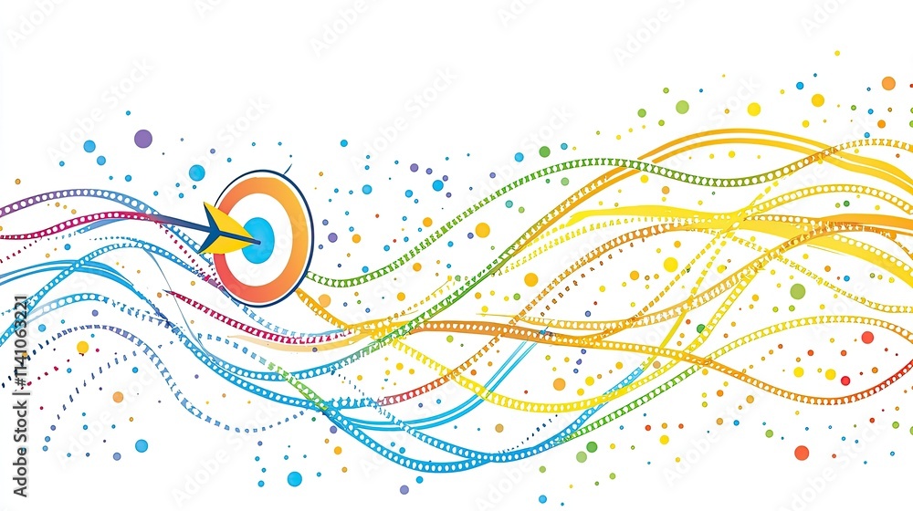 Poster abstract design featuring a target and colorful flowing lines, symbolizing focus and creativity.