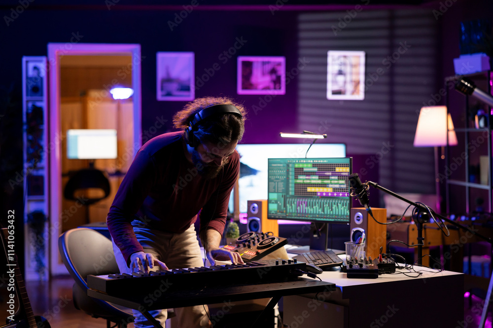 Poster confident singer playing new song on electronic piano keyboard in home studio, recording new music a