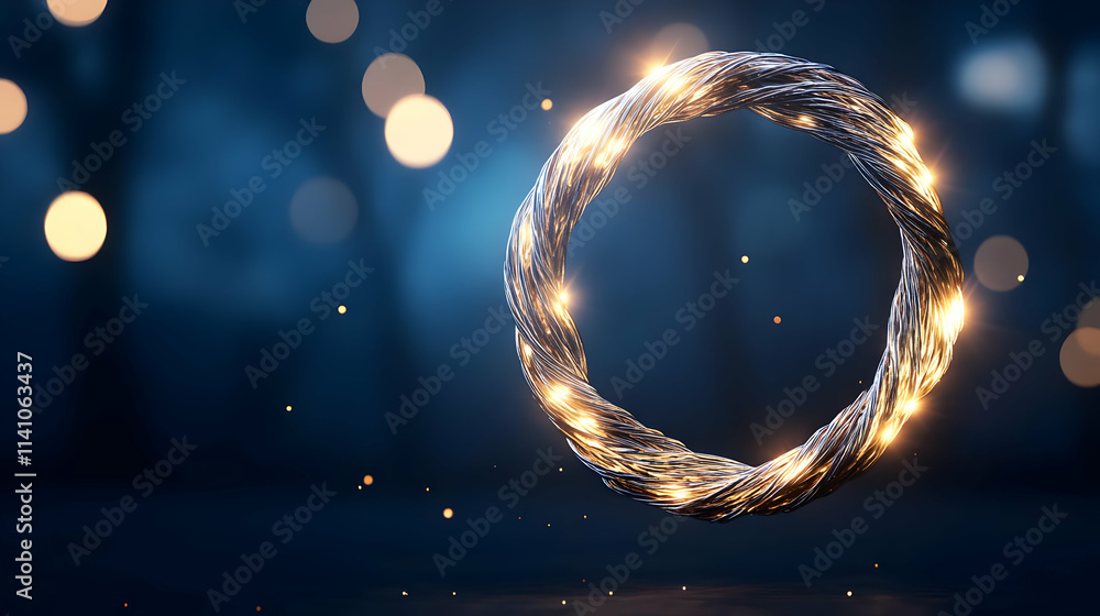 Poster glowing circular light string wreath in dark forest.