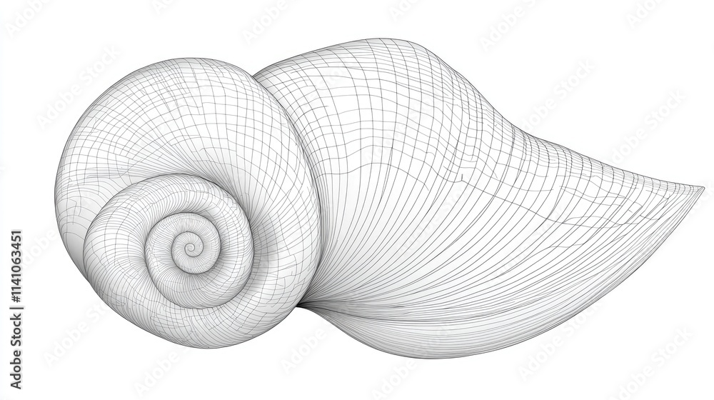 Poster a 3d wireframe model of a seashell showcasing its spiral structure and design.