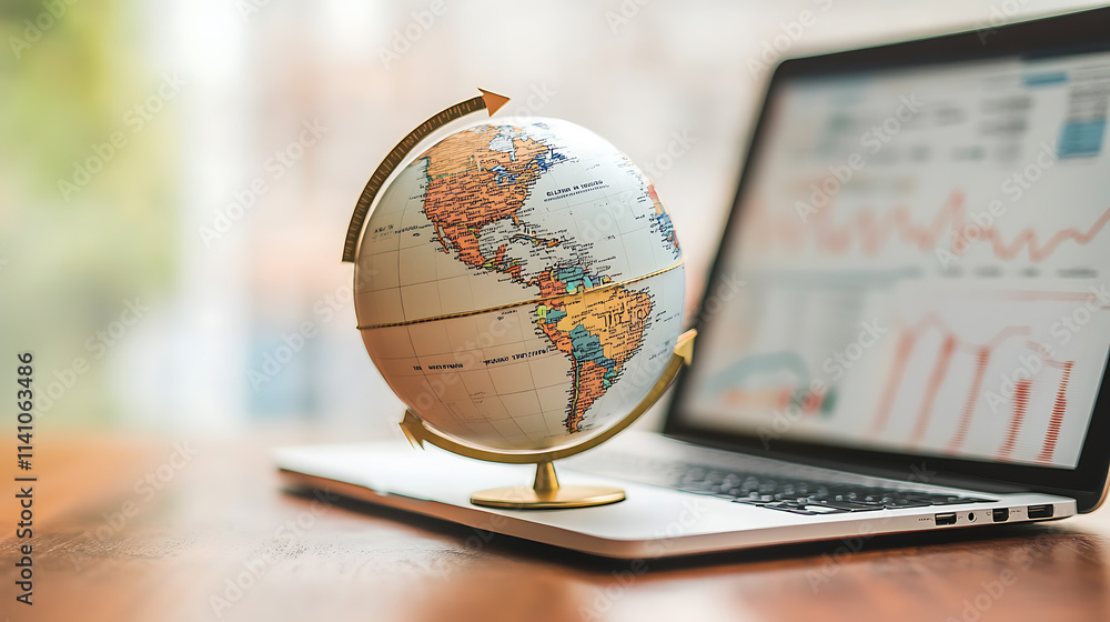 Aufkleber a globe with arrows showing growth and global trade, overlaid on an open laptop computer displaying 