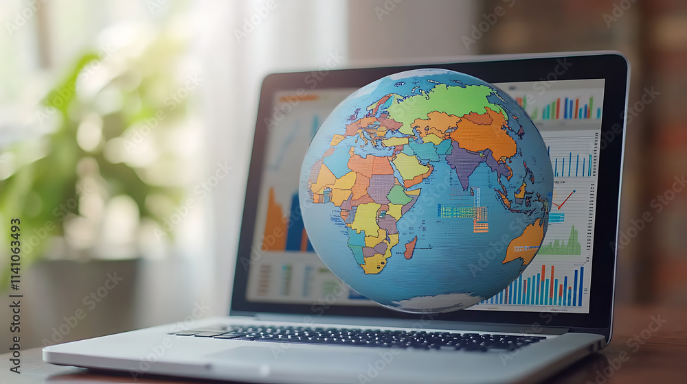 Fototapete a globe with arrows showing growth and global trade, overlaid on an open laptop computer displaying 