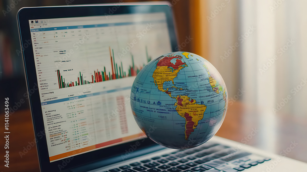 Aufkleber A globe with arrows showing growth and global trade, overlaid on an open laptop computer displaying financial charts