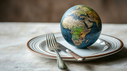 A globe on a plate with a fork and knife on a light background, a world food day wallpaper concept