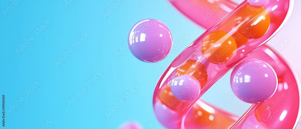 Poster surreal abstract design featuring colorful spheres and fluid shapes