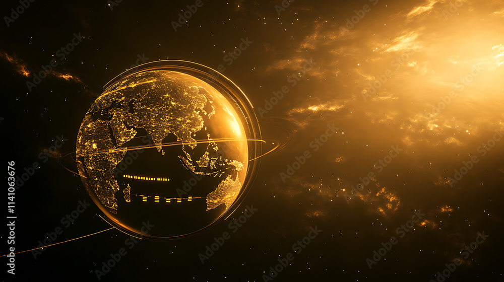 Wall mural a golden planet earth with data lines on a simple black background in the dark orange and gold style