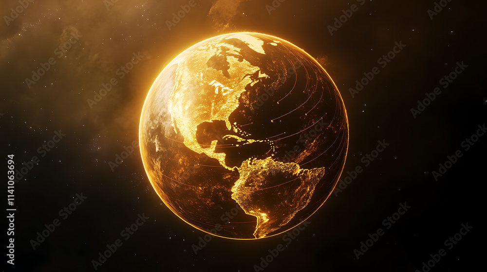 Poster A golden planet earth with data lines on a simple black background in the dark orange and gold style, with a soft glow