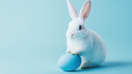 Fototapeta premium Adorable White Easter Bunny with a Light Blue Egg